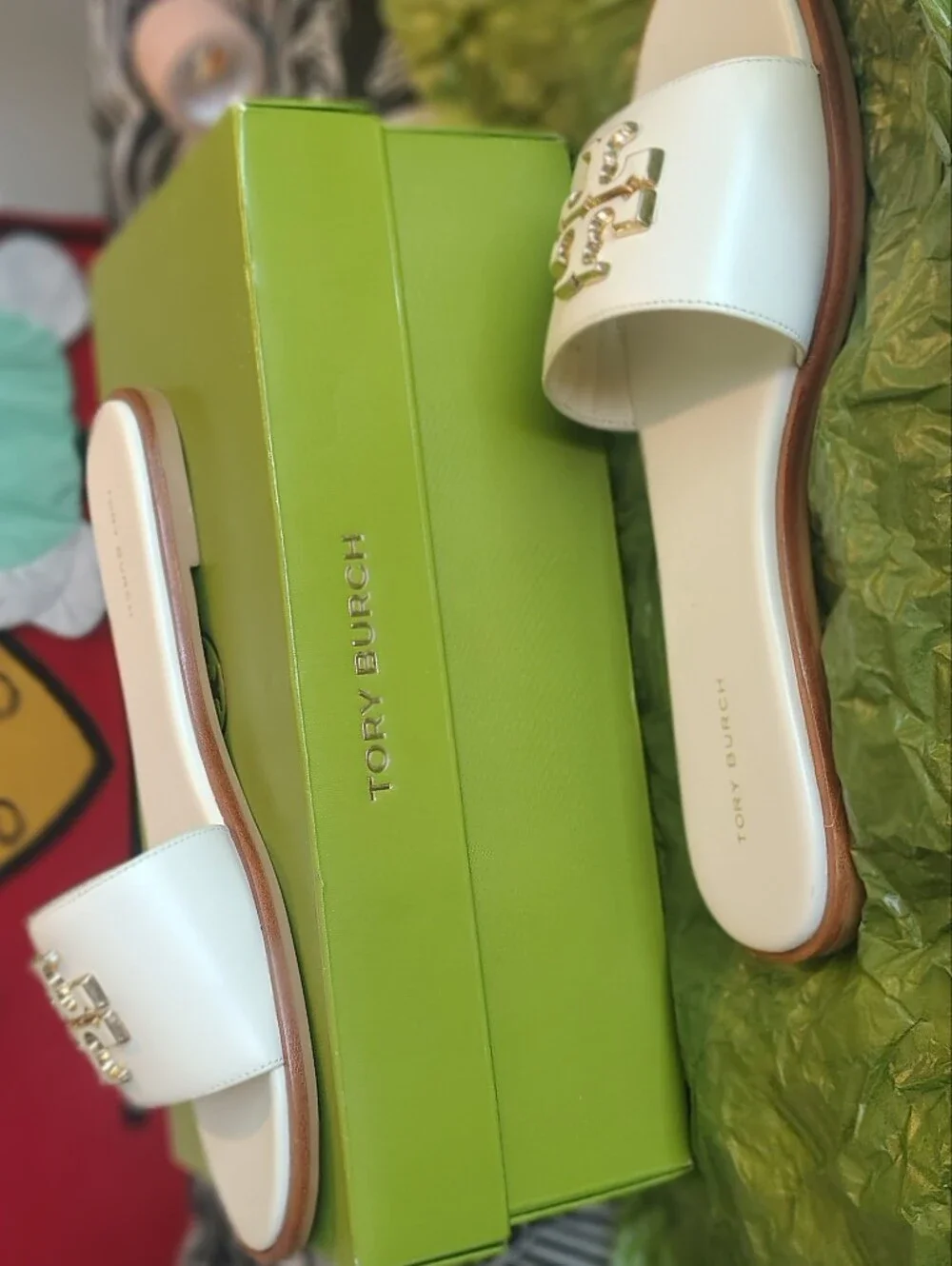 Tory Burch White Leather Flats with Tan Soles